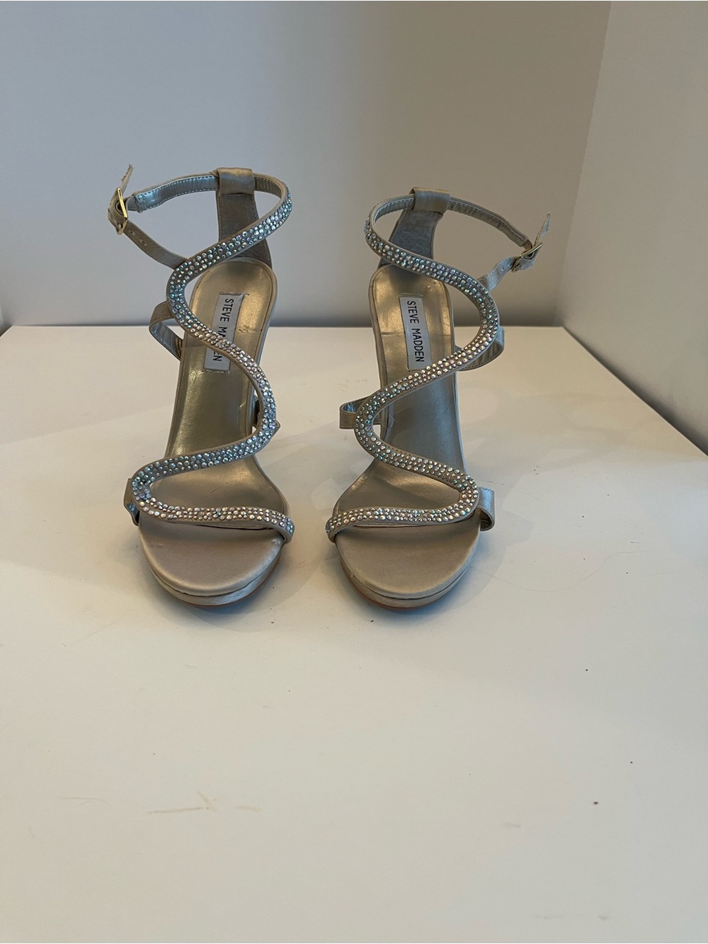 Steve Madden Silver Crystal Spiral-Strap Heels